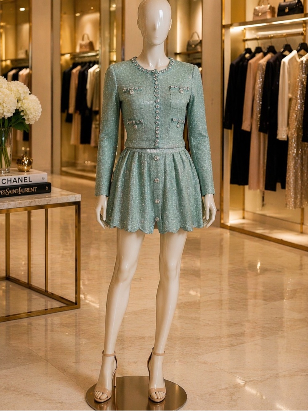 Self-Portrait Mint Green knit Button-Front jacket and Mini skirt